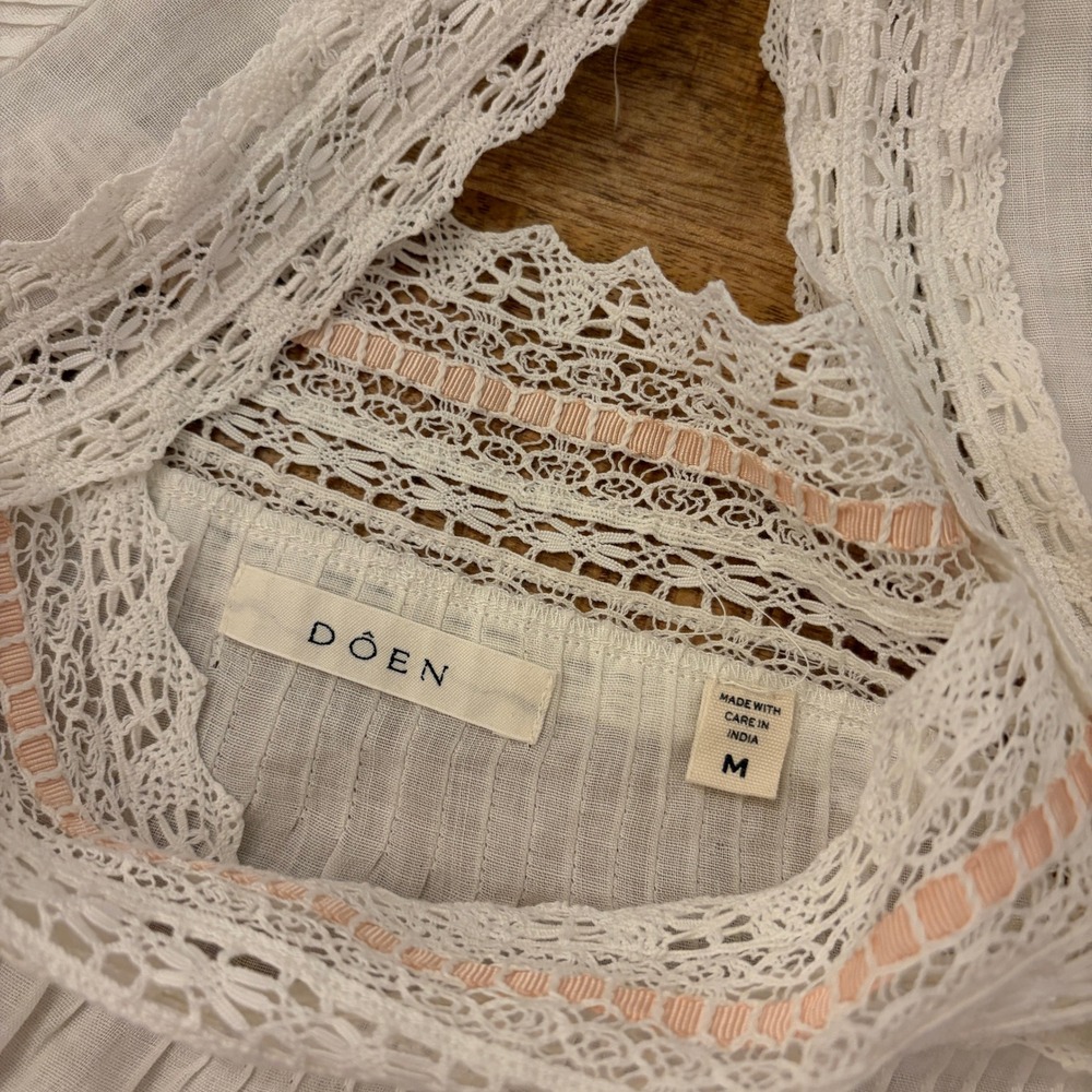 DOEN Ginger Top M Salt Lace Trim Pintuck Blouse Ramie Boho Cottagecore Prairie - Picture 7 of 13